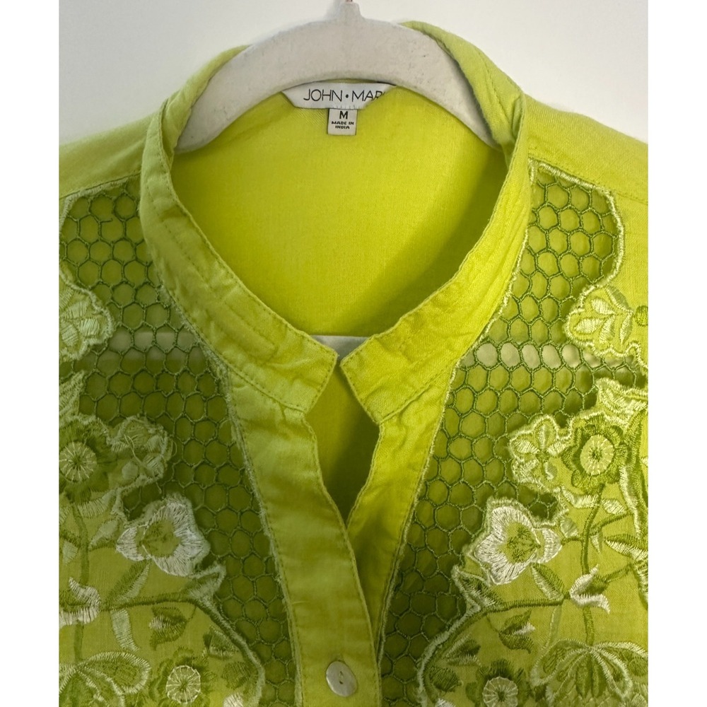 John Mark 100% Linen Embroidered Crochet Lace Blouse Womens Lime Green Medium - Picture 7 of 12